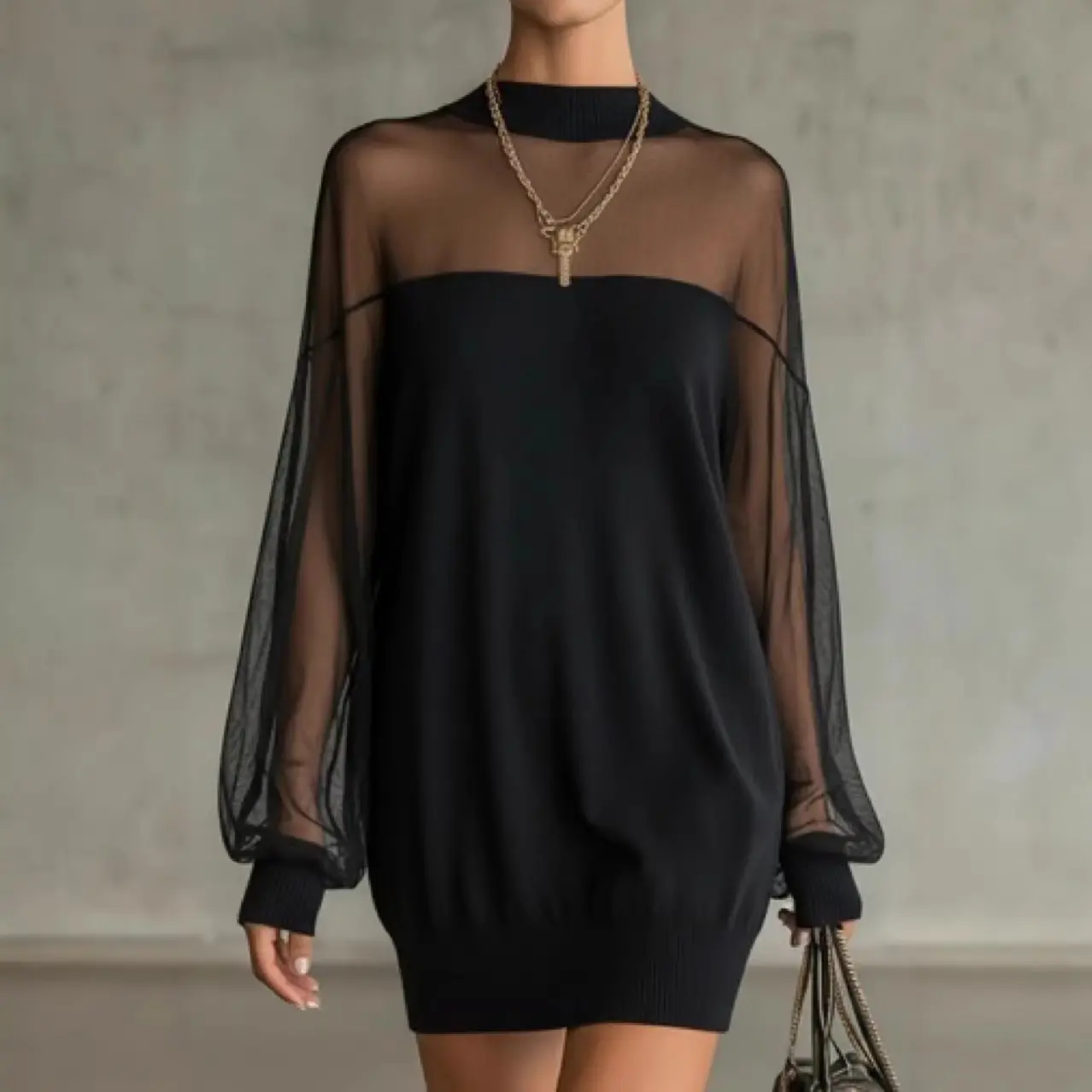 2026 Fashion Hot Item: Black Versatile Slimming Mesh Patchwork High-Waisted Stand-Up Collar Long-Sleeve Jumpsuit Women Lantern Mesh Dress
