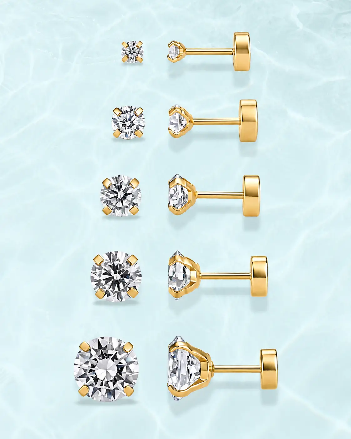 PAVOI Waterproof Set of 5 Flat Back Earrings, CZ Stud Earrings for Women, Tarnish-Free Hypoallergenic Earrings Pack with Cubic Zirconia