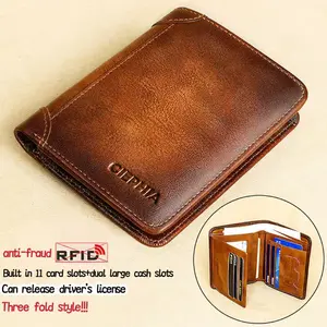 Men’s retro anti-theft brushed ultra-slim top-grain three-fold short wallet