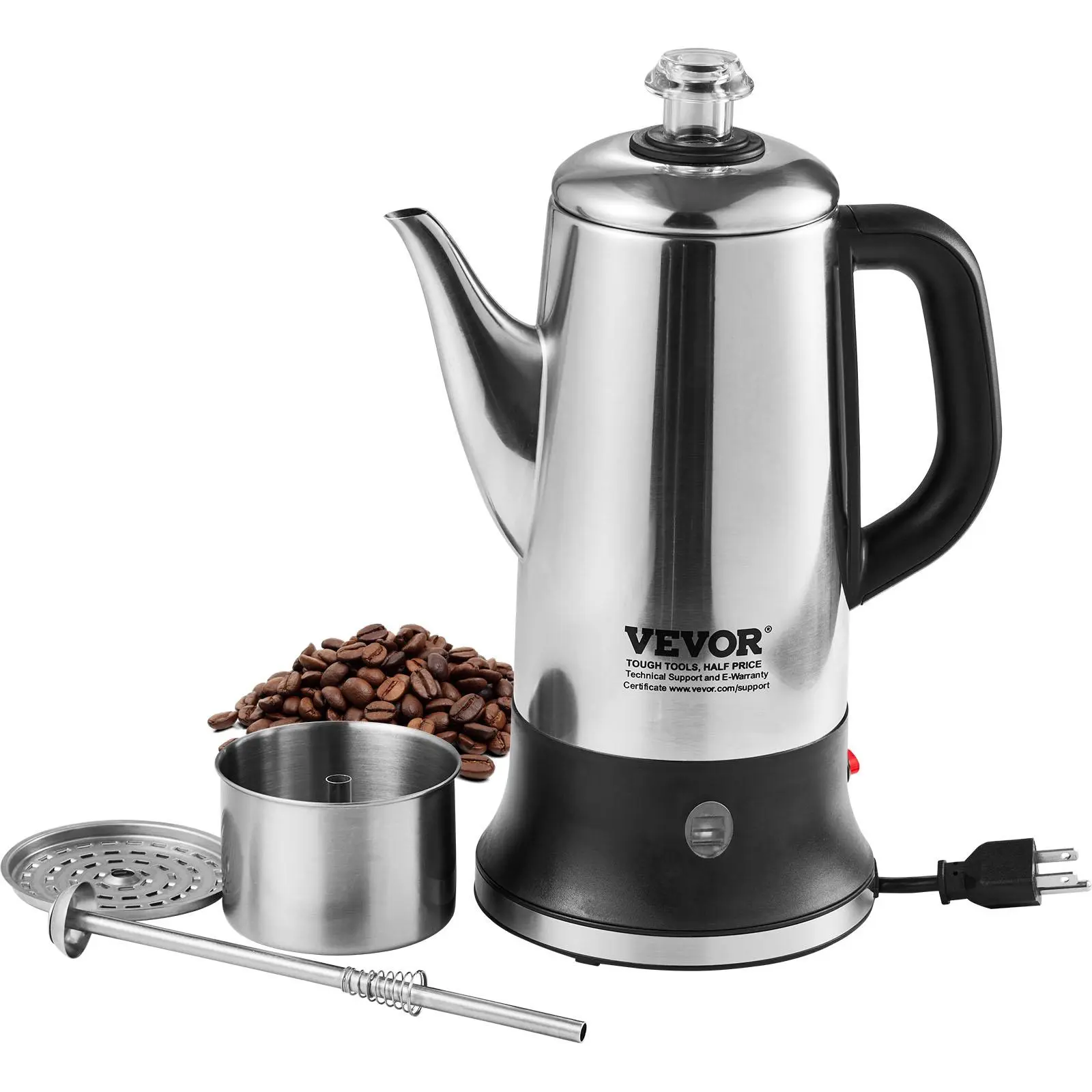 VEVOR 12-Cup Electric Percolator Coffee Pot,  304 Stainless Steel Coffee Percolator with Keep Warm Function & Heat-Resistant Handle, Classic Coffee Maker, Quick Brew & Easy-Pour Spout, Silver