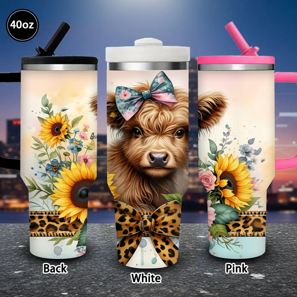 1pc 40oz Sunflower & Floral Pattern Vacuum Flask Tumbler with Lid and Straw, Winter Insulated Portable Coffee Cup for Office Adults, Birthday Gift for Women, Valentine's Day Present, Insulated Travel
