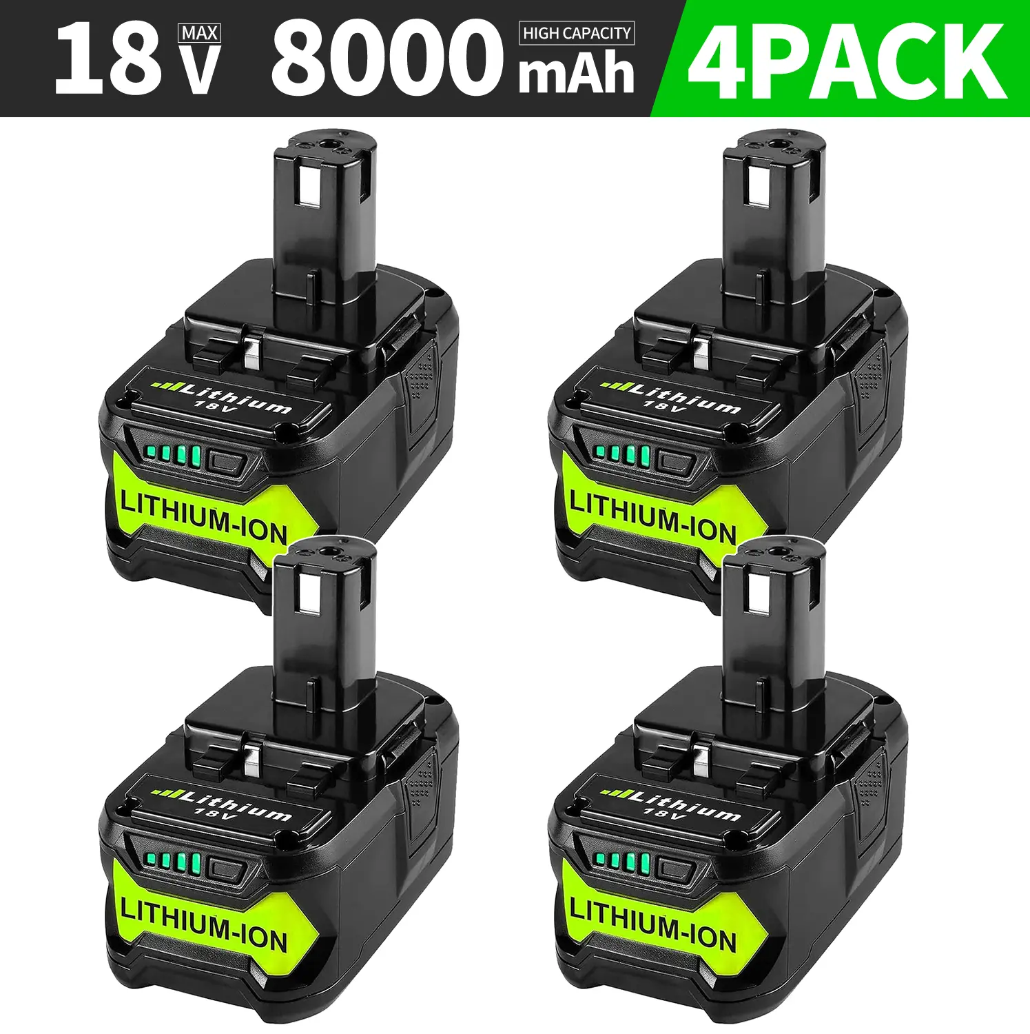 Upgraded Battery Replacement for Ryobi 18V 8000mAh Lithium-Ion long-lasting Battery 4 pack Options Available, Replaces Models P108/P102/P104/P105, High Capacity for 18V Cordless Tools