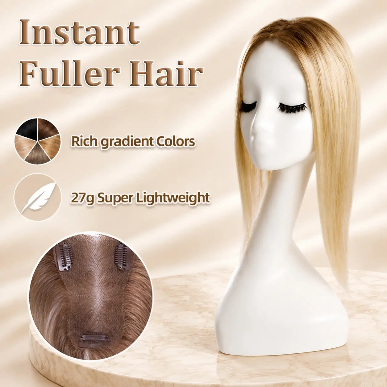 EC 27g Lightweight Hair Topper for Women, 14-Inch Straight Synthetic Top Piece for Fine Hair, 7.5×11cm Hand-Tied Breathable Lace Base, Glue-Free Scalp Coverage with Gray Concealment & Subtle Daily Volume
