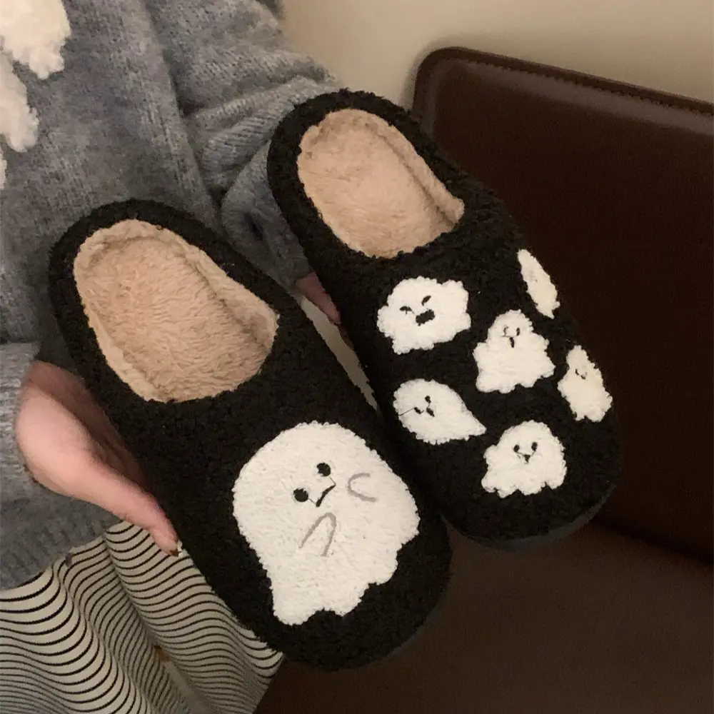 XIXITIAO Cute Halloween Ghost Slippers - Women's & Men's Warm, Spooky Fall Winter Soft Indoor-Outdoor Home Gifting Shoes