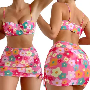 Women 3pcs Swimsuit Set Floral Sleeveless Push Up Bra and Elastic Briefs Cover Up Skirt Beachwear Bathing Suit