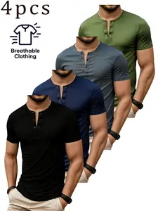 Men’s solid-color casual short-sleeve Henley shirt set, lightweight button-front design; suitable for casual wear, work, and sports; comfortable fabric that is breathable and lightweight, highlighting muscle lines.