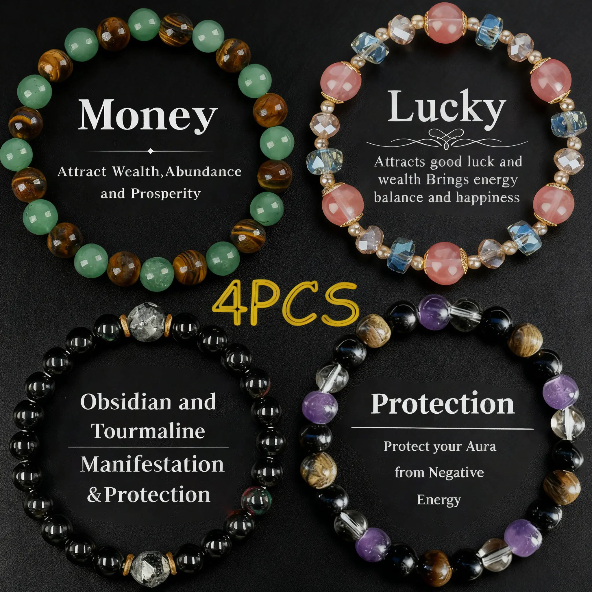 Crystal Beaded Bracelets for Women and Men - Tiger Eye, Obsidian, Black Tourmaline Jewelry for Banquet Party - Money Attraction, Good Luck, Protection Bracelet Encouragement Gift for Her couple bracelet Daily Wear backtoschool