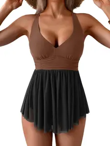 Aidonger Women's One Piece Swim Dress Swimsuit Tummy Control Mesh Swimdress V Neck Bathing Suit Skirt Tie Back Swimwear