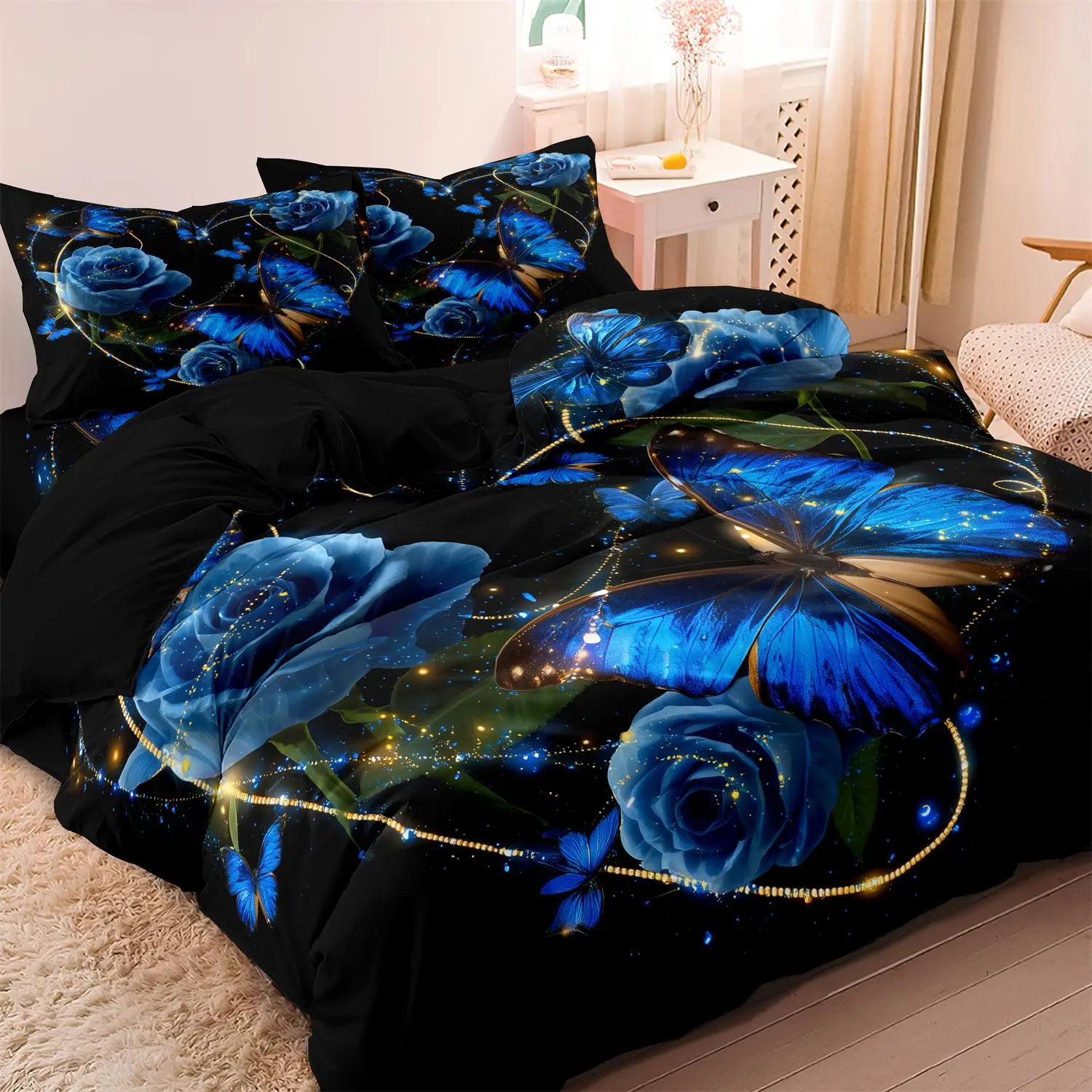 3pcs Butterfly & Rose Floral Printing Duvet Cover Set - Includes 1 Duvet Cover and 2 Pillowcases, Breathable Polyester, Machine Washable - Perfect for All Seasons