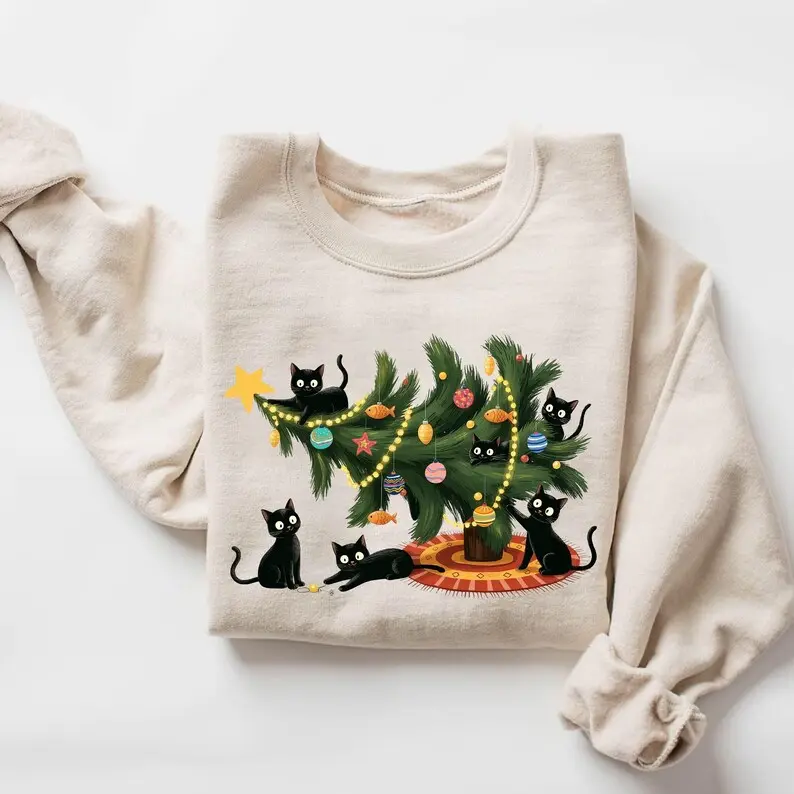 Cute Christmas Tree Cat Sweatshirt, Funny Holiday Cat Lover Crewneck, Retro Christmas Graphic Pullover, Cozy Xmas Gift