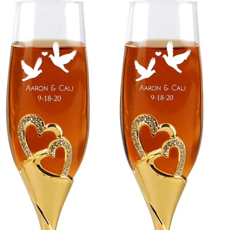 Love Bird champagne flutes for couples, Engraved Wedding Glasses For Bride And Groom, Customized Heart Set Champagne Flutes, Premium Heart Set with Diamonds Flutes, anniversary gift, Engagement gift, newlyweds couple gift, Bridal shower gift, reception