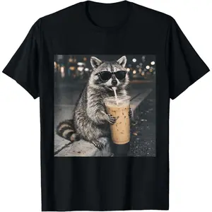 Women's raccoon drinking iced coffee Graphic T-Shirt - Short Sleeve Crew Neck Regular Fit Casual Wear | Soft & Breathable Fabric, Durable Print, Everyday Comfort, Machine Washable