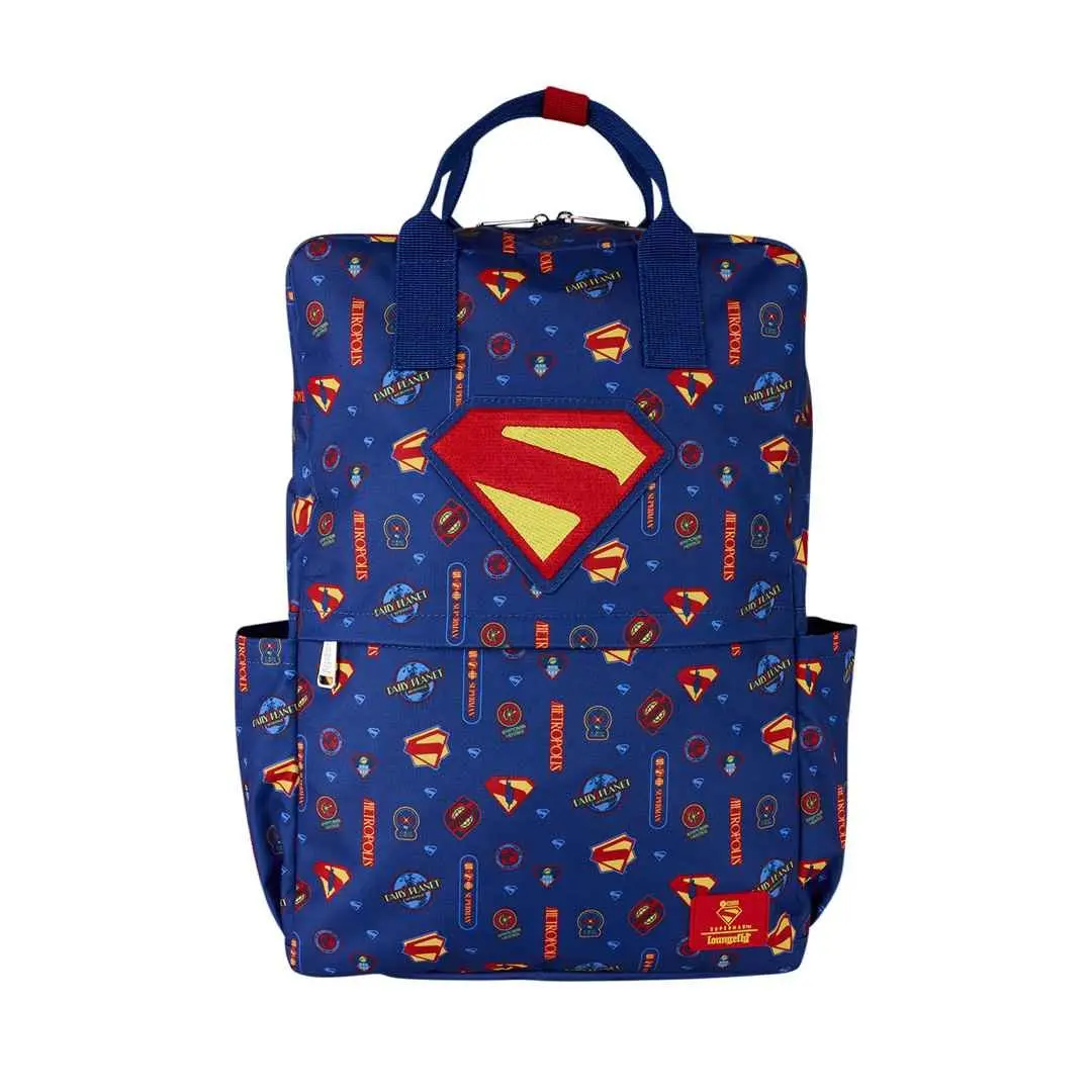 Loungefly DC Comics Superman All-Over Logo Print Casual Nylon Backpack with Embroidered Logo Applique, Casual Printed Backpack, Logo Embroidered Backpack