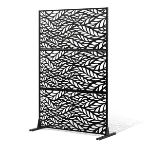 VEVOR Metal Privacy Screen,  , 47" Wx 72"H Outdoor Privacy Screens & Panels, Freestanding Outdoor Divider with Stand, 3-Panel Decorative Garden Steel Privacy Fence for Balcony Patio Indoor Room Black
