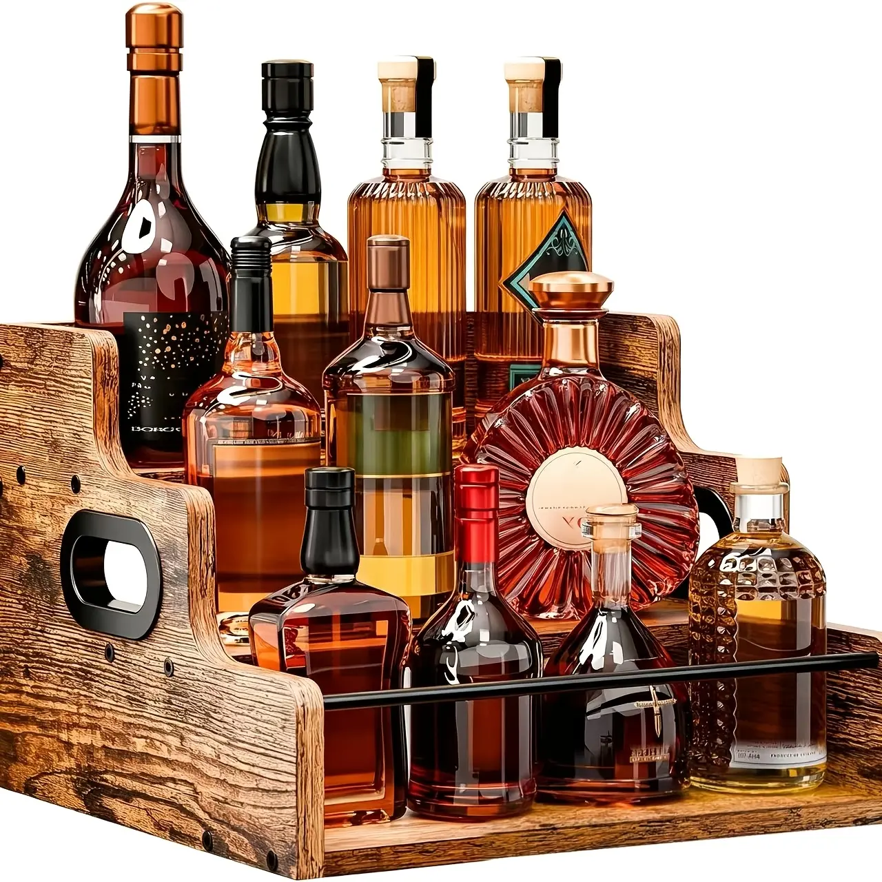 Rustic Wood Cupboard - 3-Tier Solid Wood Countertop Storage Organizer, Assembly-Required Cabinet with Liquor Shelf, Wine Bottle & Coffee Syrup Holder, Seasonings Display Line (Home Bar, Bar Use)