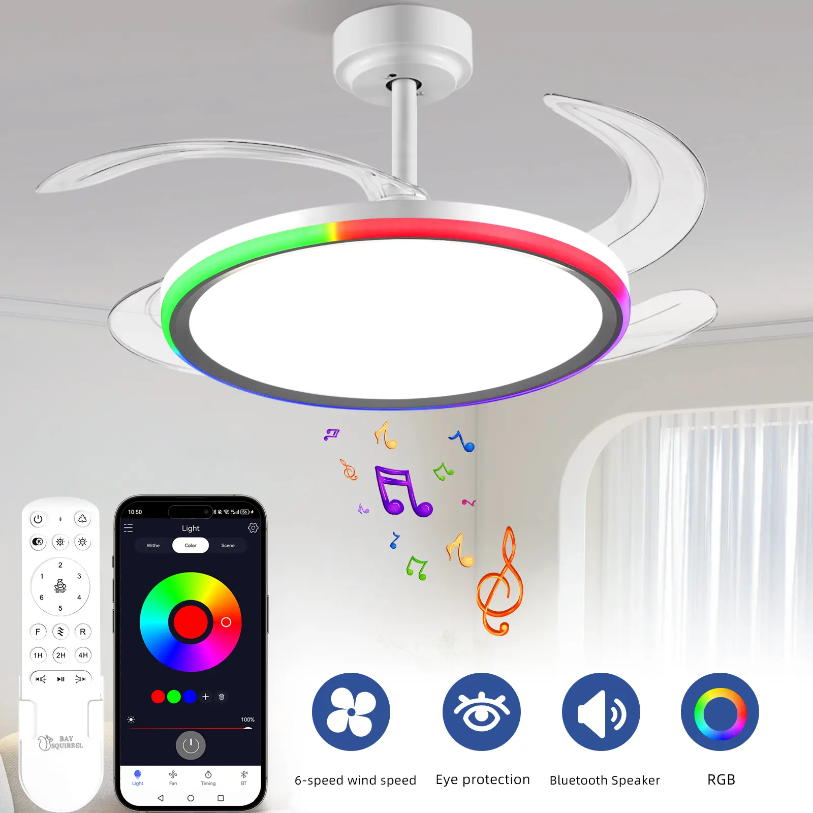 BaySquirrel 42-Inch Slim Invisible Indoor Ceiling Fan-Light Combo, 6 Retractable Blades, 6-Speed Airflow, Reversible, Dimmable RGB Color Shift, Remote & App Control, 24-Hour Timer, Plastic & Aluminium, 19.09"l x14.96"w x14.96"h Smart Fan for Bedroom, Ever