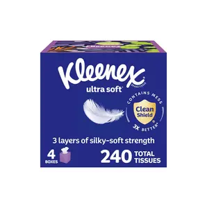 Kleenex Ultra Soft Facial Tissues, 4 Cube Boxes, 60 Tissues per Box, 3-Ply (240 Total), Packaging May Vary