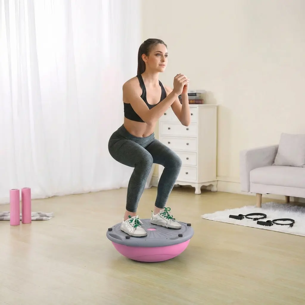 Yagud Balance Ball Trainer, 24 Inch Half Exercise Ball with Resistance Bands and Foot Pump, Half Yoga Ball for Core Strength Training, 660lb Capacity, Pink/Blue