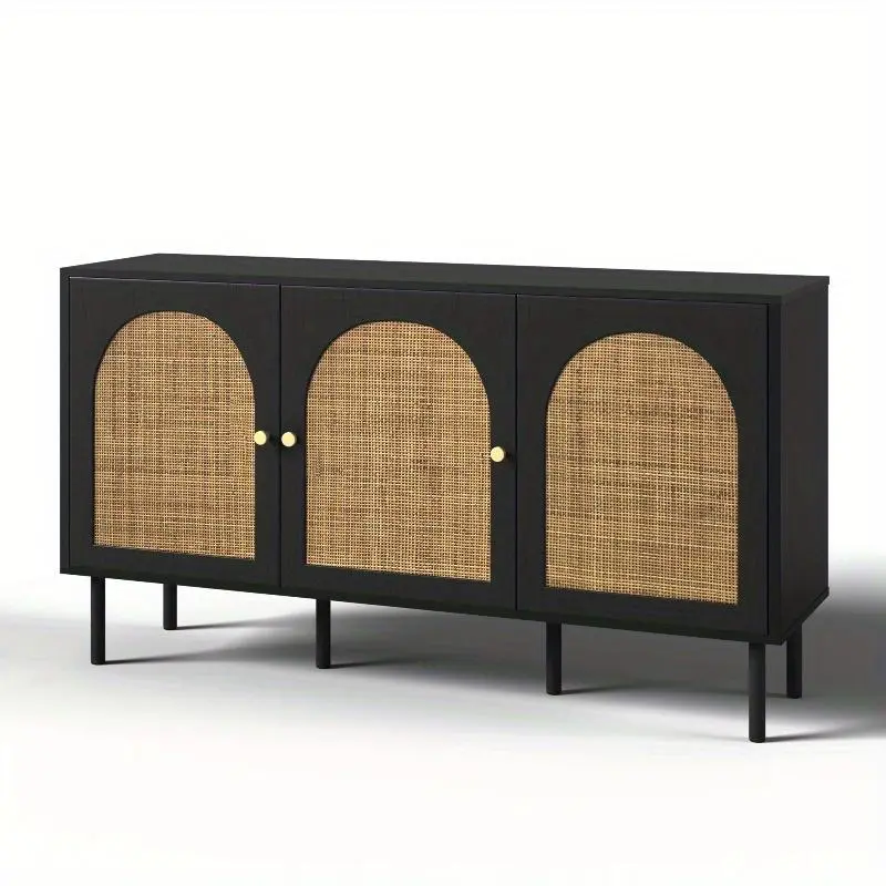 56" Fluted Door Sideboard Buffet - Black 3-Door Storage Cabinet with Fixed Shelves, MDF & Metal Build, Perfect for Kitchen, Living & Dining Room Modern Home Furniture