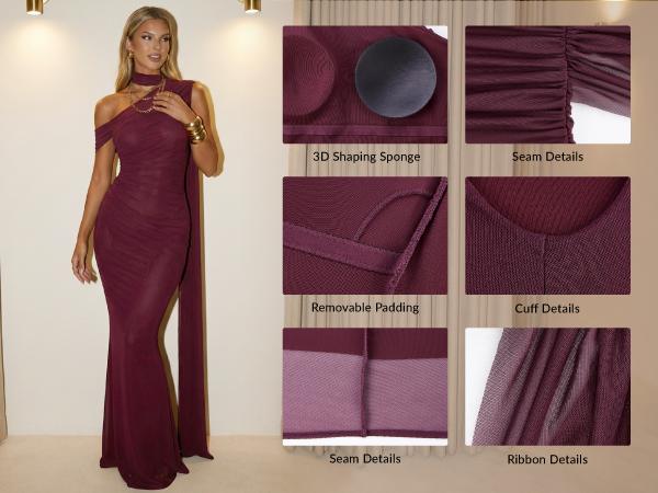 Curvysweet SDK0617A Elegant One-Shoulder Mermaid Maxi Dress With Built-In Bra, Ruched Bodycon & Extra-Long Mesh Tulle Tie, For Christmas, New Year, Wedding Guest, Prom, Formal Dinner, Cocktail Party, Vacation Evening Gown