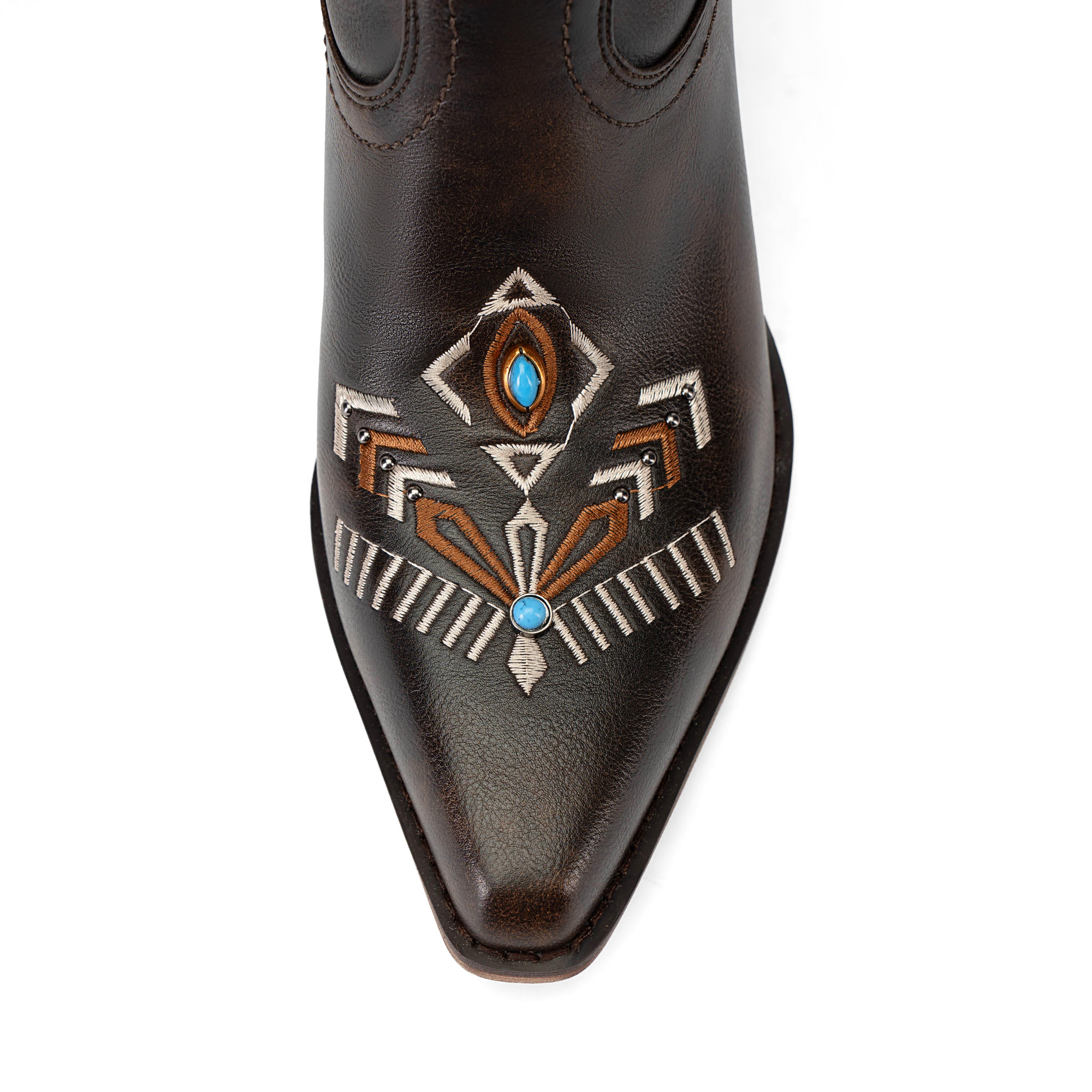 ReneChristine Women's Embroidery Western Cowboy Boots with Studs & Emerald Gemstones, Knee High Wide Calf Cowgirl Boots for Gatherings Weekend Hangouts Black Leather fur boots knee high boots boots for fall thigh high boots brown boots cowgirl boots Sprin