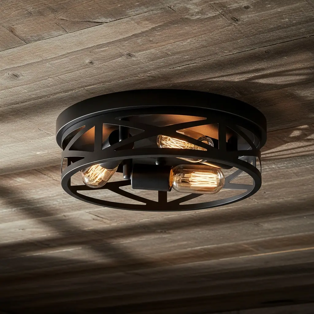 3-Light Black Metal Ceiling Light, Openwork Geometric Flush Mount, No Shade Design, Industrial Cage Lamp for Bedroom Living Room Porch, E26 Base
