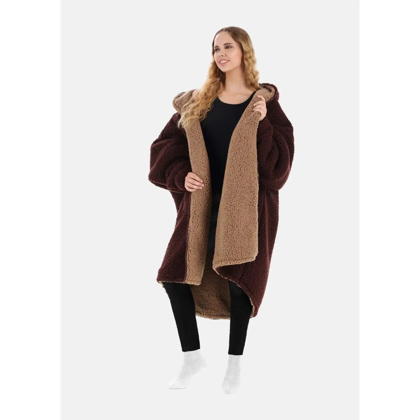 THE COMFY Teddy Bear Full-Zip - All Sherpa Double Layered Wearable Blanket Hoodie with Front Full Length Zipper, Machine Washable, One Size Fits Most, Seen on Shark Tank, Great Gift