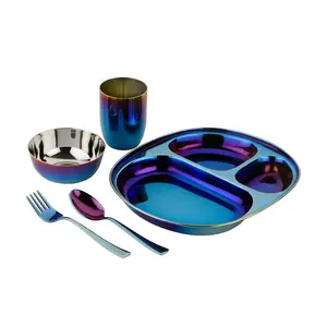 Ahimsa Stainless Steel Dinnerware Set for Kids and Toddlers - 5 Piece Toddler Plates and Bowls Set with Kids Utensils and Cup, Pediatrician Designed, Non Toxic, Dishwasher Safe (Blue)