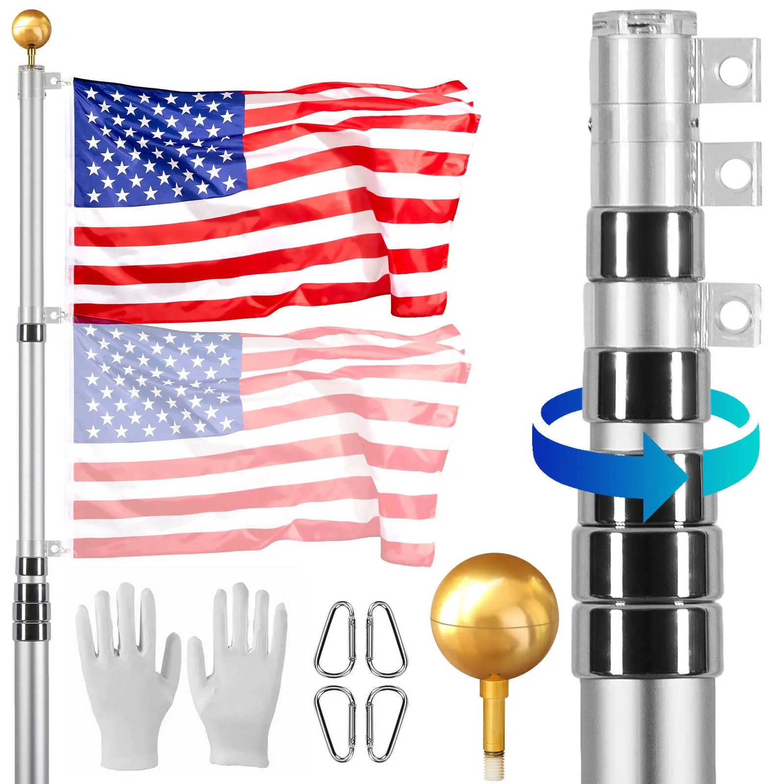 【SummerFinds】VEVOR 30FT Telescoping Flag pole Kit,  , Heavy Duty Aluminum Alloy in Ground Flag Poles for Outside, 3 Display Modes Flagpole with 3x5 American Flag, Professional Accessories, Silver Banners Lightweight