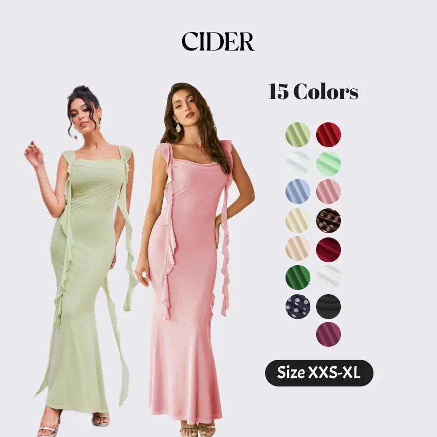 Cider Elegant Vacation Mesh Maxi Dress for Wedding Guest, Sexy Ruffle Dresses, Ladies Summer Casual Sundress, Evening Party Gowns, Lady Sun Dress SohoChic