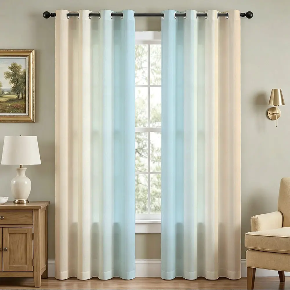 Pastel Blue & Beige Gradient  Blackout Curtains - Minimalist Ombre Window Treatments, Thermal Insulated Blackout Bedroom Curtains for Home Decor, Window Curtain Panels