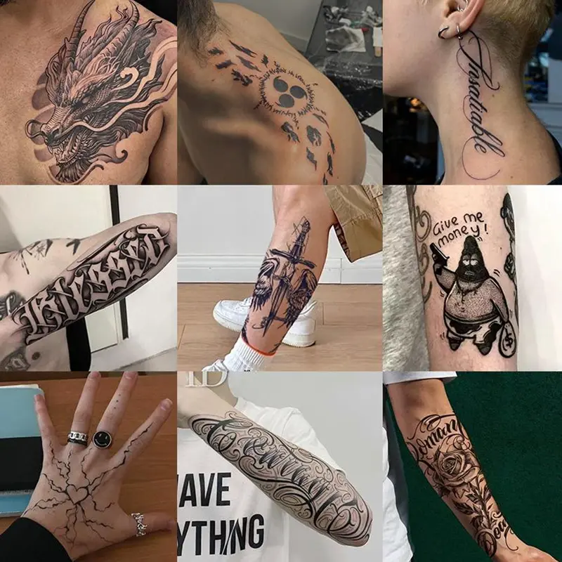 Set of 9 large herbal tattoo stickers, including floral lettering designs; lasts 7–15 days, waterproof and resistant to friction, realistic effect; suitable for those who don’t want tattoos but are sensitive to pain.