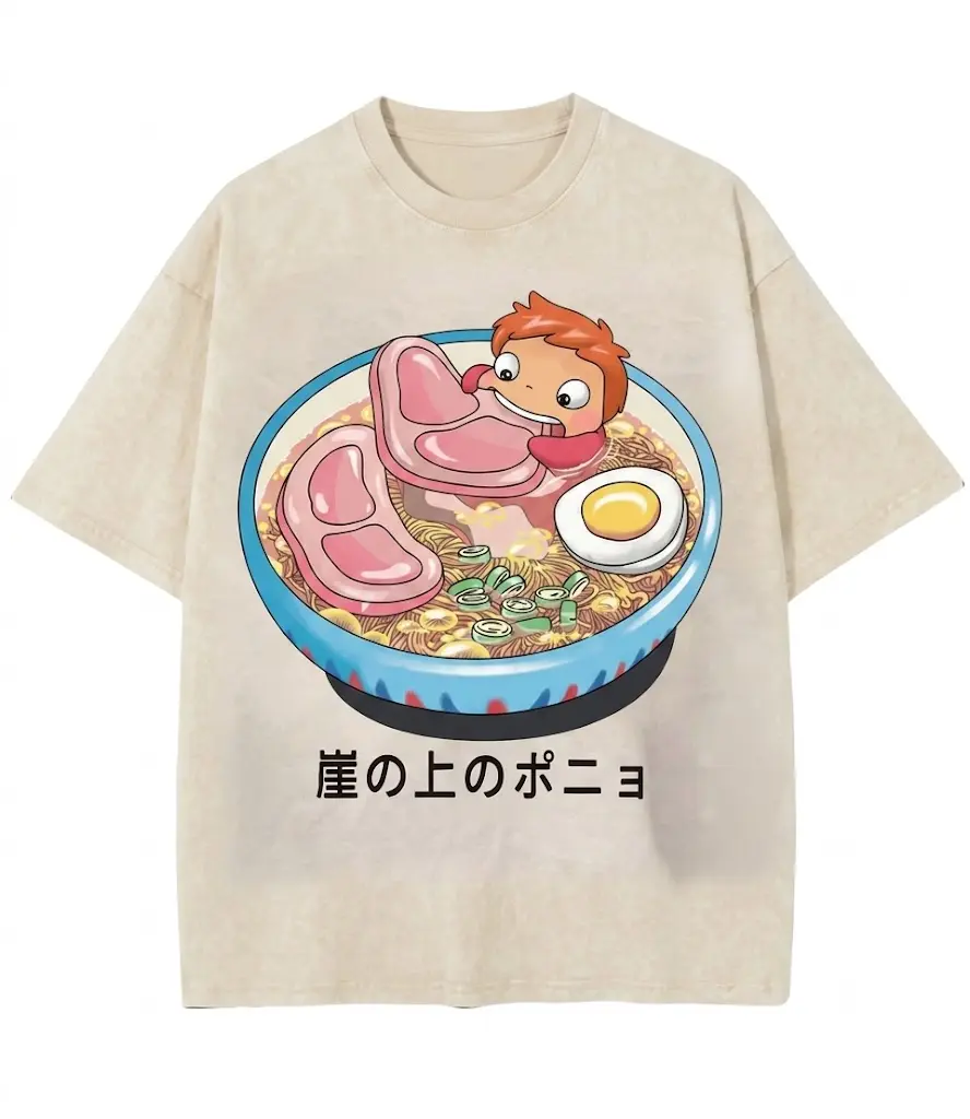 Men's Studio Ghibli Ponyo Ramen Bowl Graphic T-Shirt, Oversized Baggy Loose Vintage Anime Tops, Short-Sleeve Round Neck Japanese Movie Merch, Light, Shortsleeve