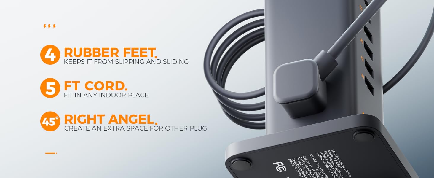 Tessan Desk Charging Station for Multiple Devices, 65W Ex-Fast Charging, 6 Port GaN USB Fast Charger Tower, Type C Desktop Charger Hub