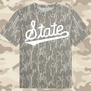 State Letter Graphic Tee | Mossy Oak Original Bottomland Camo Shirt | Vintage Washed Out Short Sleeve Gameday Tee | Premium Retro Timber Outdoor