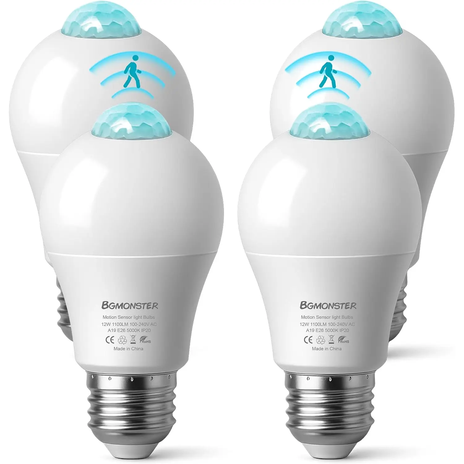 4Pack Motion Sensor Light Bulbs, 12W(100W Equivalent), Movement Security LED Bulb(Energy Efficient) Indoor/Outdoor, Motion Activated Dusk to Dawn Bulb for Porch, Garage, Basement, Hallway, Stairs
