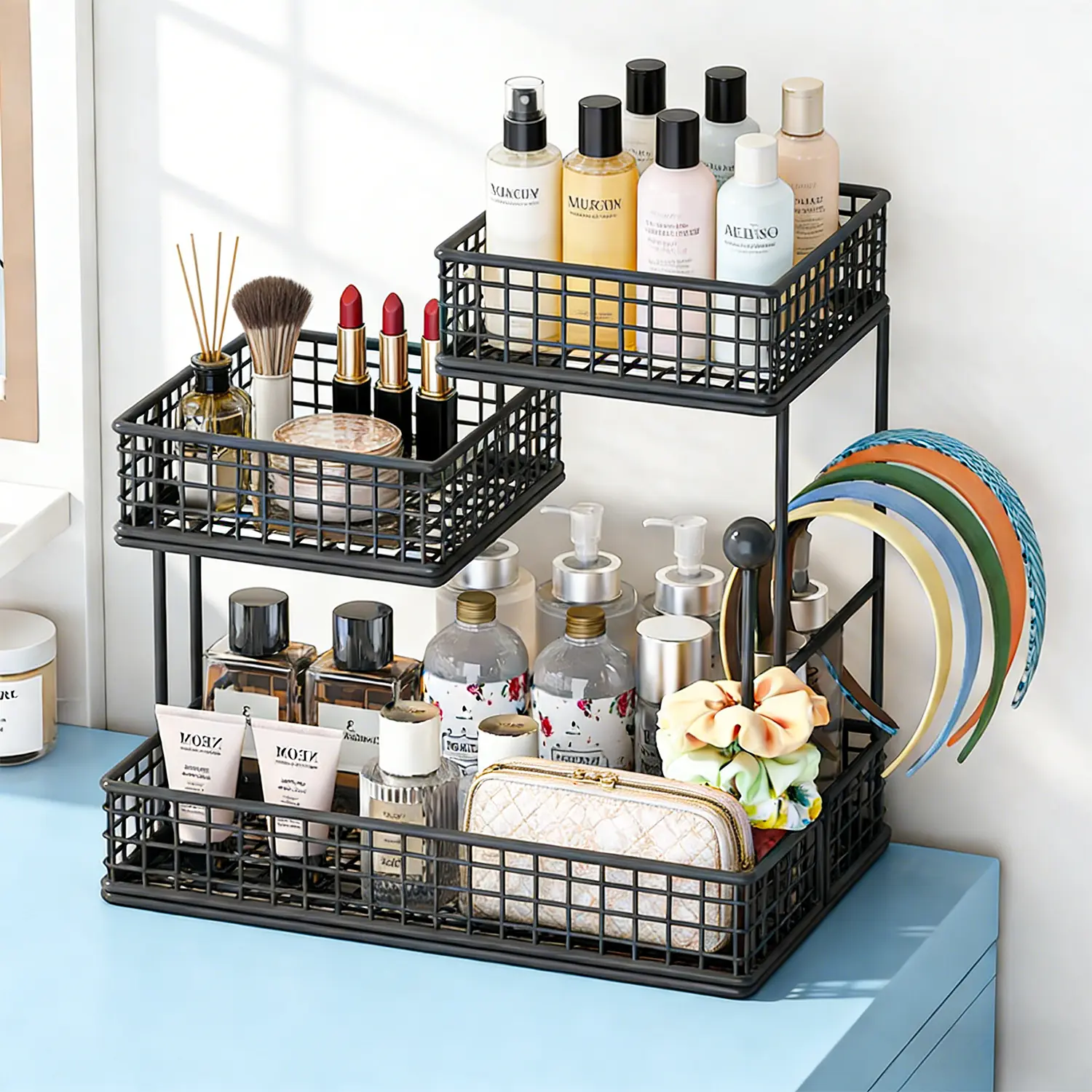Metal Vanity Stand - 3-Tier Cosmetic Organizer, Makeup Box Organizer, Space-Saving Countertop Bathroom Shelf, Ready-to-Use for Lipsticks, Skincare, Brushes, Bottles, Perfumes, Ladies' Valentine's Gift