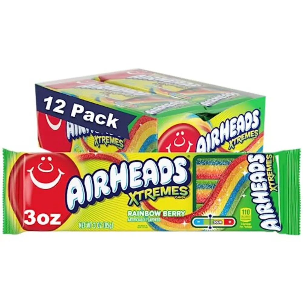 Airheads Xtremes Belts Candy, Chewy Candy Package, Rainbow Berry Fruit Flavor Artificially Flavored, 3 Ounces (12-Pack)