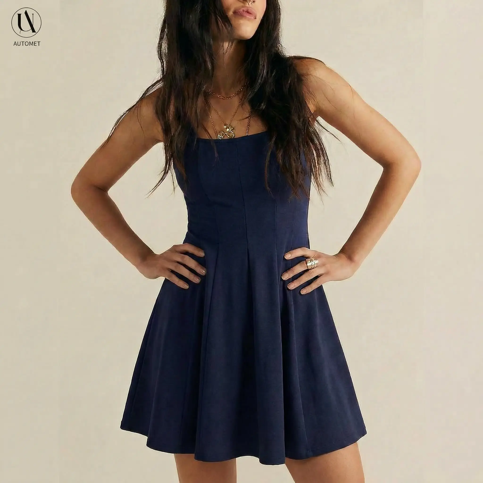 AUTOMET Women's Minimalist Navy Blue Square Neck Sleeveless A-Line Casual Dress, Machine-Washable Polyester Blend, Basic Plain Fashion Apparel, Size M