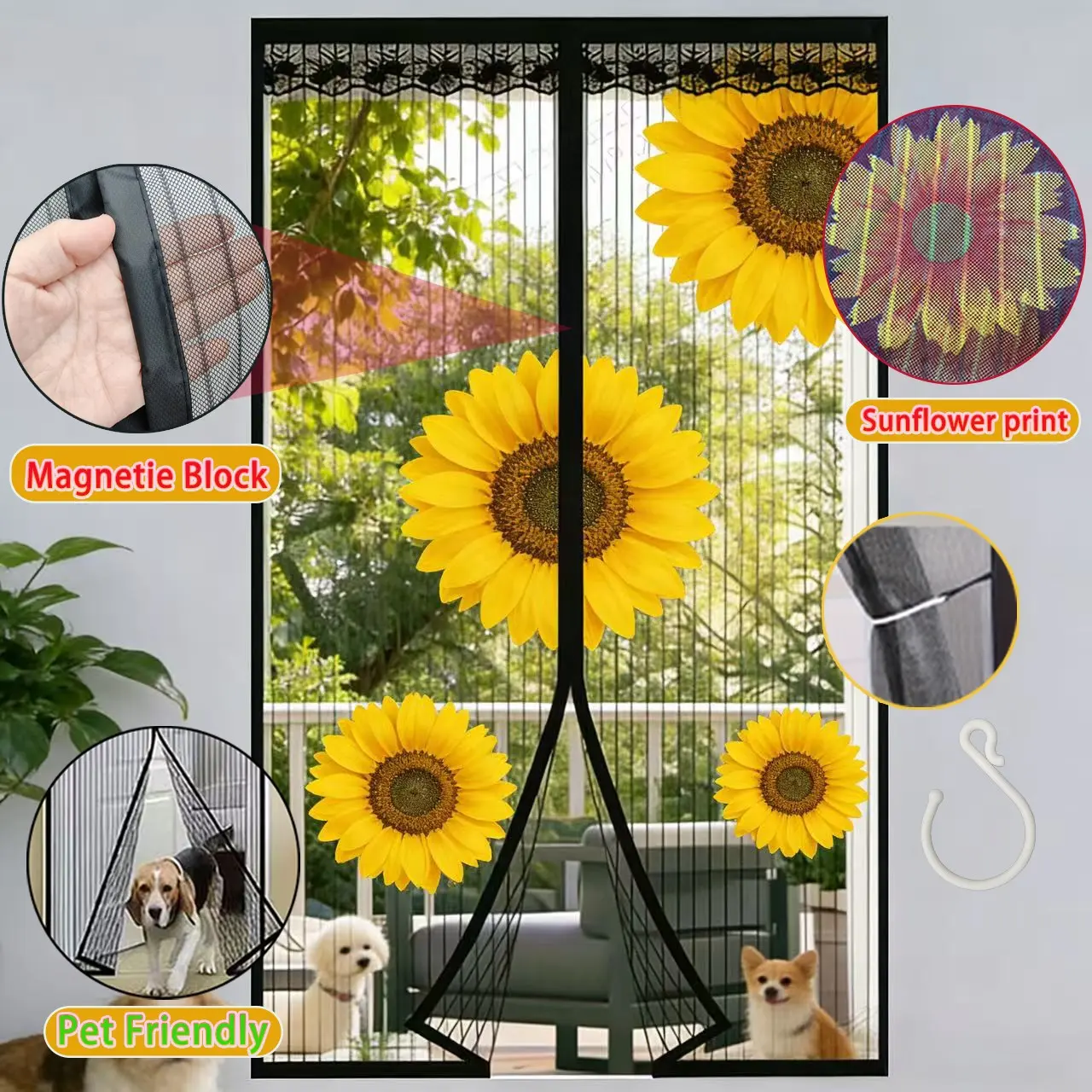 Sunflower Print Anti-Mosquito Door Curtain, Simple Magnetic Insect-Proof Door Curtain for Living Room, Kitchen and Bedroom, Home Decor Supplies