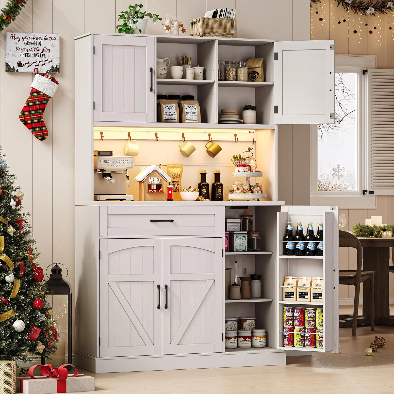 【SummerFinds】ONBRILL 71" Pantry Cabinet, Kitchen Pantry Storage Cabinet with LED Light & Outlet, Kitchen Hutch with Microwave Shelf & 6 Hooks, Door Shelves & Drawer & Adjustable Shelves, for Dining Room
