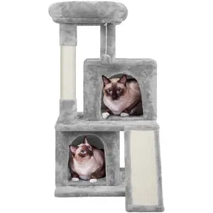 Costoffs 36" Plush Cat Tree Condo Sisal Scratching Board Stable Base Dual-Door Condos Dangling Ball Three-Tier Layout Anti-Toppling Strap Easy Assembly
