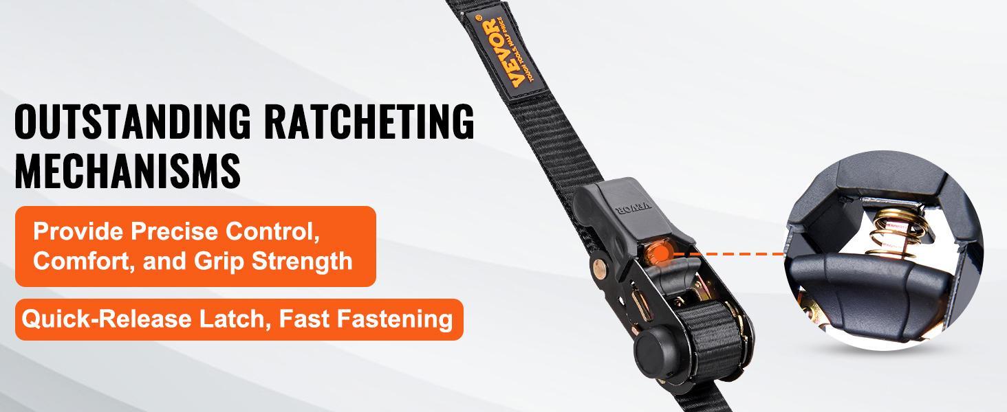 VEVOR Ratchet Tie Down Straps (4PK), TikTokShopBlackFriday, 2200 lb Max Break Strength, Includes 4 Premium 1" x 15' Rachet Tie Downs with Padded Handles, for Moving Securing Cargo, Appliances, Lawn Equipment, Motorcycle