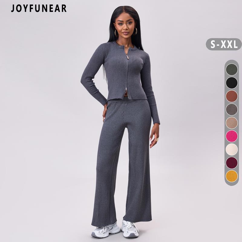 Joyfunear Women's Casual Solid Color Ribbed Knit Zip-Up Cardigan & Wide-Leg Pants Set - Adjustable Fit, Long Sleeves, Loungewear Fabric Fitted Chic Womenswear