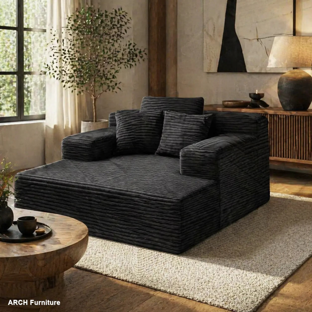 Convertible Sectional Couch - 64.96 in Wide Body ARCH Corduroy Sofa with 64.96" Wide Seat, 3D Plush Texture, Adjustable Recliner Sofa Bed, Deep Seat, 600 lbs Load Capacity, No-Assembly Indoor Furniture for Living Room, Bedroom, Watch Party (Black), Uphols