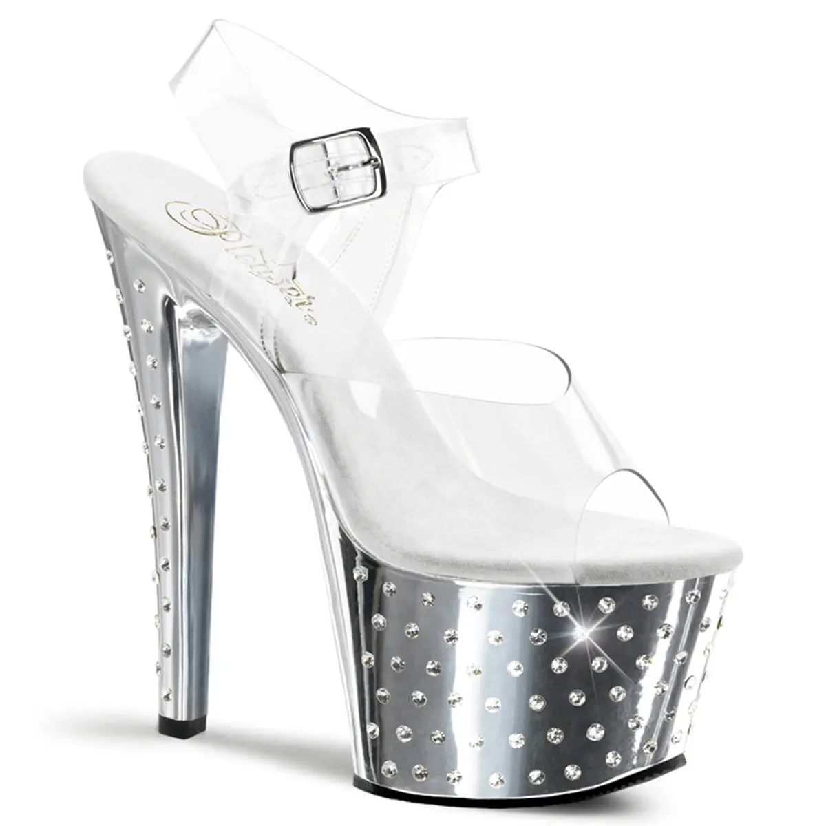 Women's Platform High Heels, Stardust-708 Sandals with Rhinestone Studded Chrome Bottom and 7 Inch Heel