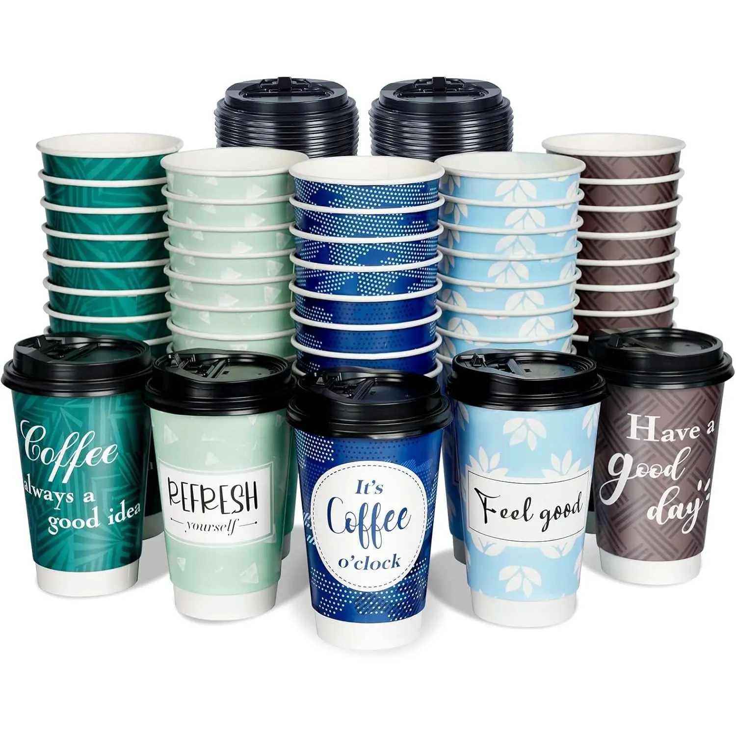 Disposable Coffee Cups with Lids 16 oz, 50 Pack Double-Walled Fun Designs, Insulated, Hot Beverage Paper Cups for Cold & Hot Drinks