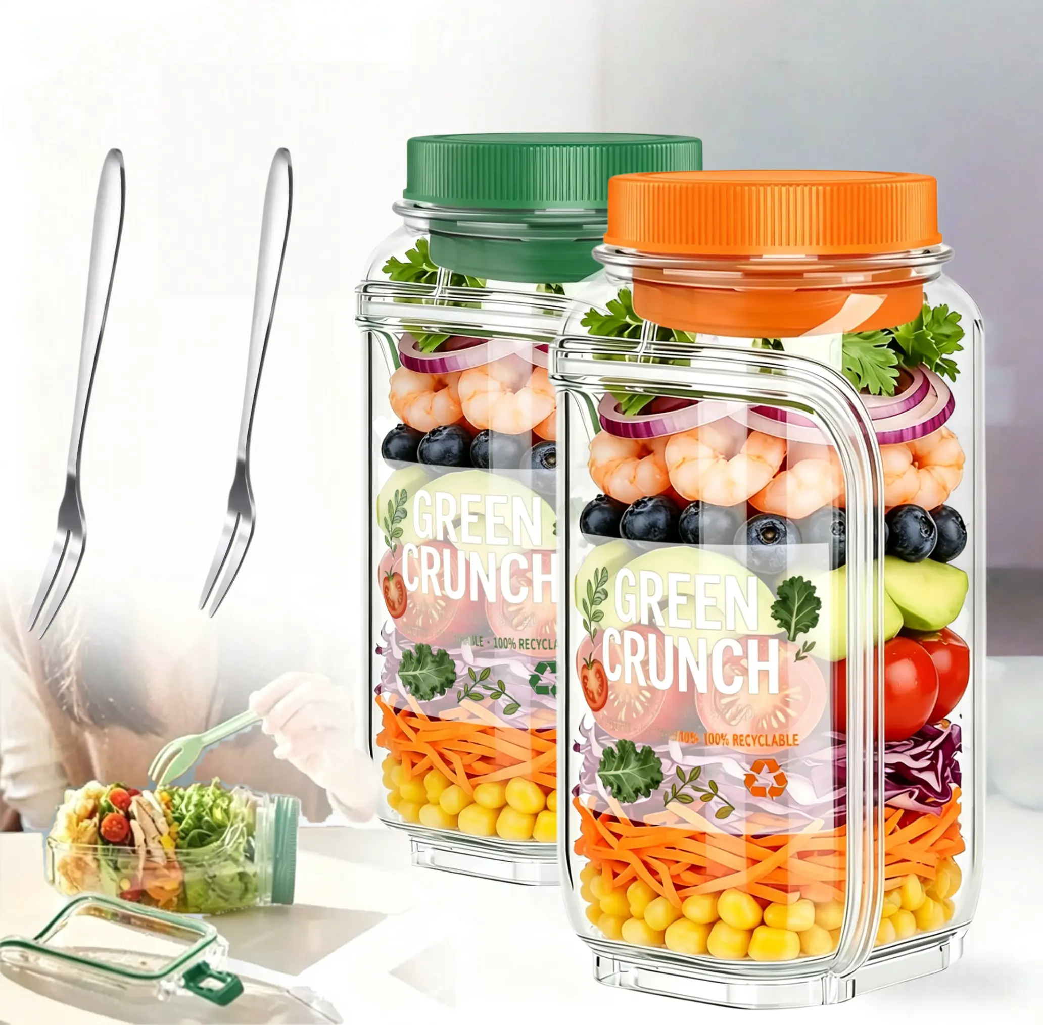 2Pcs Portable Salad Storage Jar Container &Fork,with Leakproof Dressing Compartment,with Sticker,Environmentally Friendly Plastic Materials,Microwave/ Dishwasher/Freezer Safe,Suitable for Outdoor, Work,FitnessPortable,Keeps Food Fresh,Salad Mason Jar