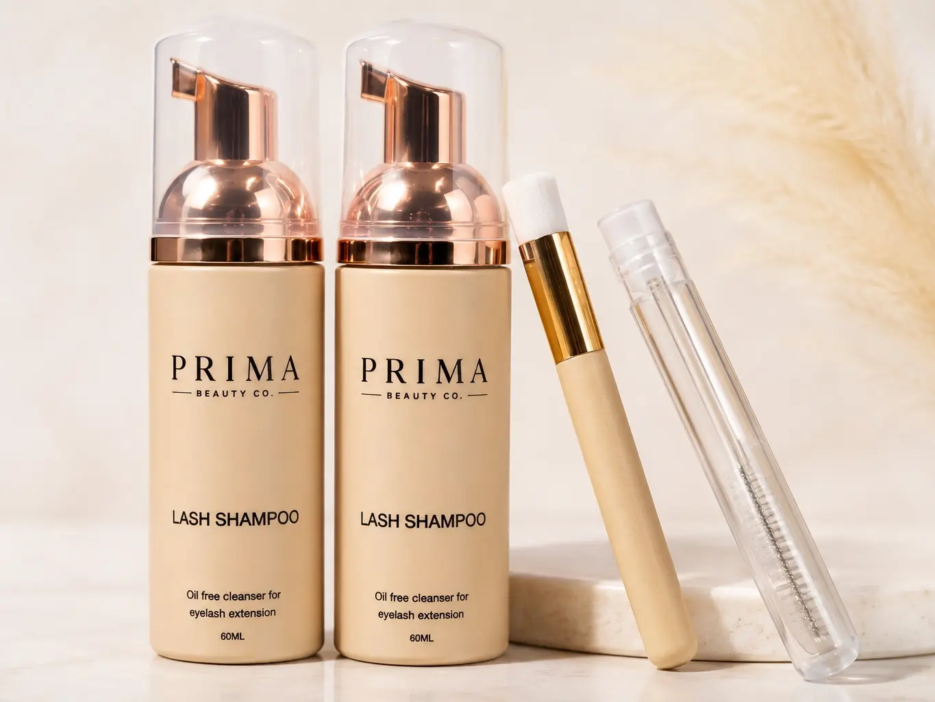 Prima Beauty Co Lash Shampoo Kit – Oil-Free Eyelash Extension Cleanser Foam 60ML with Cleansing Brush & Mascara Wand | Gentle Lash Extension Shampoo for Natural Lashes & Extensions