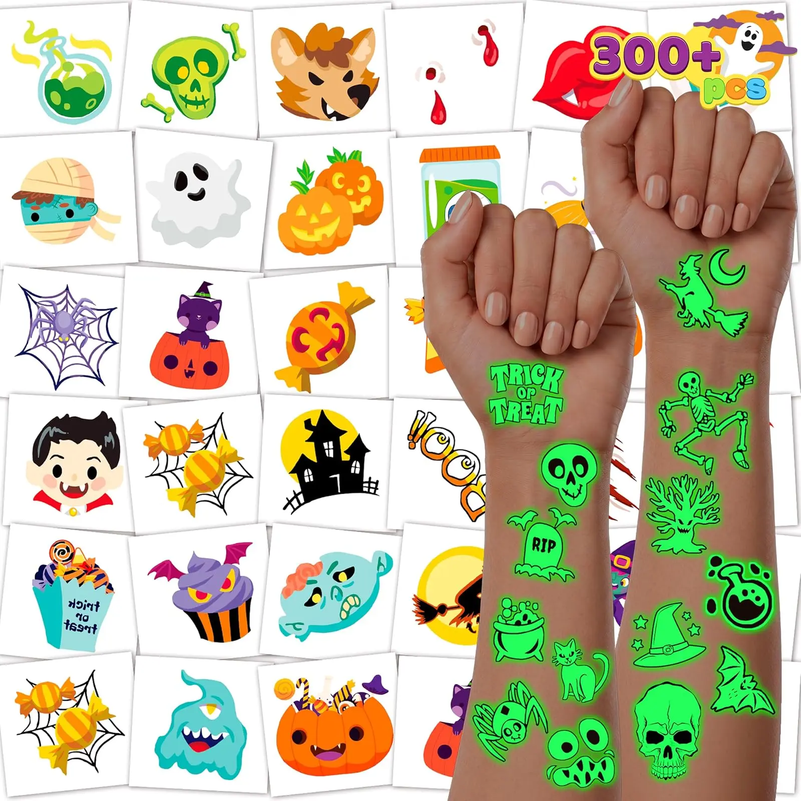 JOYIN 306 Pcs Halloween Tattoos for Kids, Glowing Temporary Tattoos in Assorted Designs Bulk for Child Trick or Treat Gifts Halloween Party Favor Decorations Goodie Bags Supplies Class Game Prizes